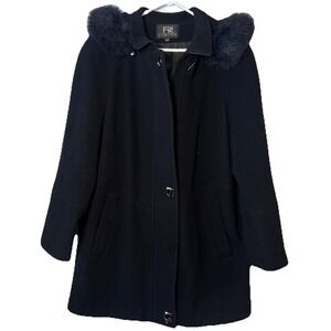 FS Limited Wool Coat Womens Large Black Hooded Faux Fur Toggle Winter Jacket